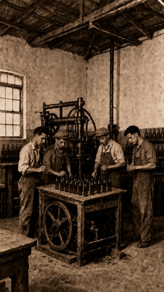 Operários engarrafando garrafas de vidro em fábrica histórica